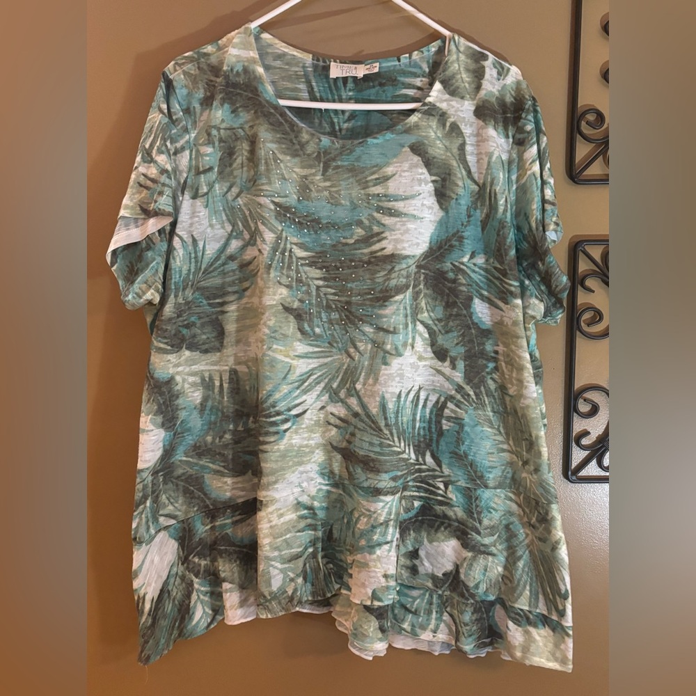 Time and Tru Tropical Green Leaf Print Women's Top 2x